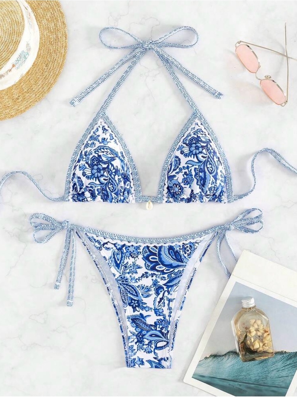 SHEIN Blue & White Paisley Tie Bikini Set